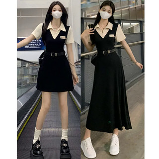Đầm váy body Mỹ Ve Áo Tính Khí Ngắn Tay Đầm Nữ Plus Size Béo mm Eo Eo Ôm Hơn Nhìn Preppy Phong Cách Gợi Cảm Một Váy Mùa Hè