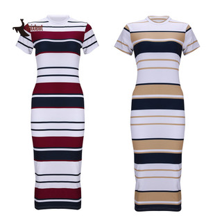 QUIXLENT Mùa Hè Khối Màu Sọc Tay Ngắn Cổ Tròn Nữ Bodycon Midi Đầm