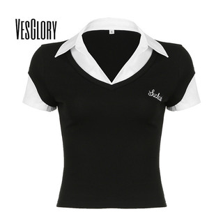 VesGlory Nữ TopSlim Fit Chữ Thêu Nhân Quả Xoay Cổ Màu Sắc Tương Phản Mới