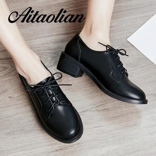 Giày Da Đế Dày Buộc Dây Màu Trơn Đơn Giản Phong Cách vintage Cho Nữ