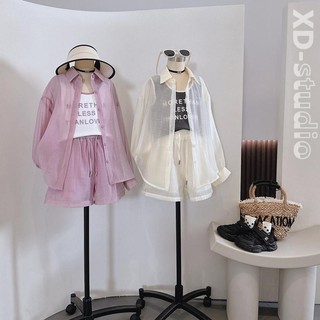 Bộ Đồ Mùa Hè Bé Gái Giữa Lớn Trẻ Em Chống Nắng Quần Áo Thời Trang Phiên Bản Hàn Quốc Áo Sơ Mi Dài Tay Áo Vest Quần Short Bộ Đồ Ba Mảnh