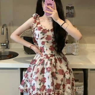 Váy cottagecore Váy 2 dây Đầm babydoll Váy hoa nhí Đầm dự tiệc Váy không tay họa tiết hoa hồng mùa hè phong cách mới dành cho nữ