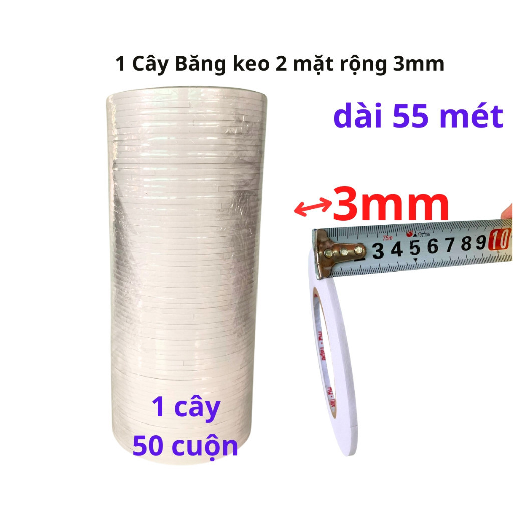 SKU95 - Băng keo 2 mặt trắng rộng 3mm, dài 55 mét, lõi giấy 3mm, 1 cây 50 cuộn, giá tại xưởng - STBK