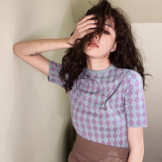 Phiên Bản Hàn Quốc Retro Phong Cách Phương Tây Tính Khí Slim-fit Đơn Giản Phù Hợp Với Tất Cả Trận Đấu Mỏng Hơn Tất Cả Trận Đấu Tay Ngắn Cổ Tròn Checkerboard