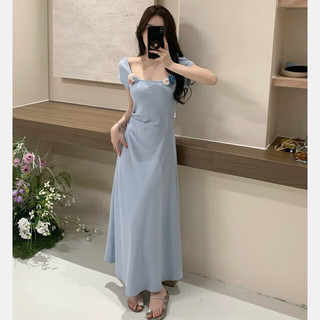 Váy cottagecore Váy body dáng dài Đầm dự tiệc Đầm dài Váy cổ vuông hoa ba chiều kiểu Pháp Thiết kế mùa hè Slim-fit