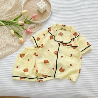 Bộ Pijama Cộc Tay Cho Bé Trai _ Bé Gái In Hình Gấu Chất Đũi Xốp, Đồ Ngủ Cho Bé Từ 8-27kg BECOOL BABY