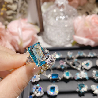 Nhẫn Aquamarine Micro-Set Vòng mở phóng đại