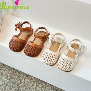 Rumphius xăng đan da dệt đáng yêu cho bé gái nơ bên đơn giản chống va chạm đế mềm giày trẻ em size 23-34
