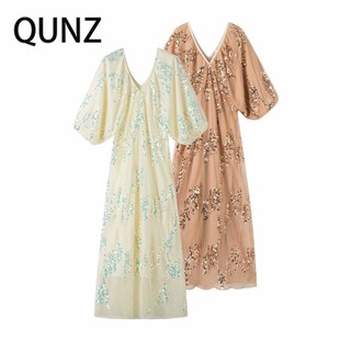 Đầm dài tay dơi thời trang Qunz Sequin cổ chữ V sâu 1797
