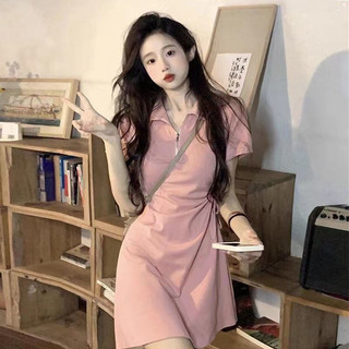 Yuewen Hồng Ngọt Ngào Cay Váy Áo Thun Tay Ngắn Đầm Dây Rút Eo Eo Ôm Hơn Nhìn Thể Thao Trượt Tuyết