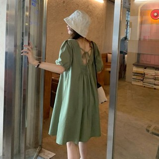 Váy Liền Tay Bồng Hở Lưng Thắt Dây Cổ Vuông Kiểu Pháp Mẫu Mới Mùa Hè Cho Nữ