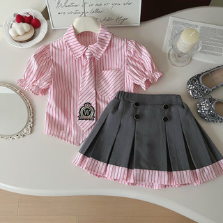 Mùa Hè 2024 Mới Bé Gái Phong Cách Preppy Váy Phù Hợp Với Nữ Mùa Hè Sọc Tay Áo Sơ Mi Váy Trang Phục Phù Hợp Với 24207