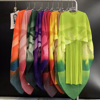 Miyake Xếp Ly Dễ Thương Thẩm Mỹ Thời Trang Nữ Thanh Lịch Váy Dài Sang Trọng Váy Cổ Tròn In Hai Mảnh