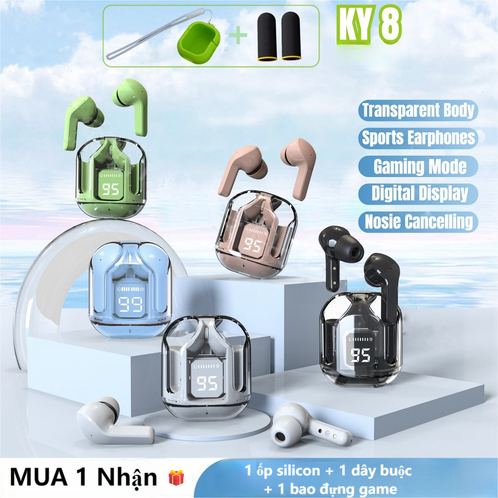 Tai nghe Bluetooth mini trong suốt KY8 Tai nghe khử tiếng ồn không dây có màn hình kỹ thuật số LED