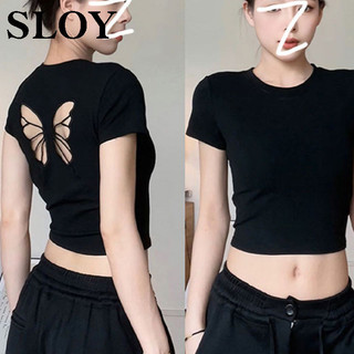 Áo thun nữ cổ tròn tay ngắn mùa hè Slim Fit Giảm béo và ngắn sang trọng Nơ ngọt ngào và cay hở lưng
