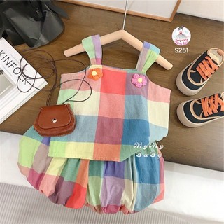 Set caro 2 dây sắc màu hoa nổi đính nơ ngực quần bí, thời trang trẻ em, áo quần cho bé, set bé gái từ 8-24kg