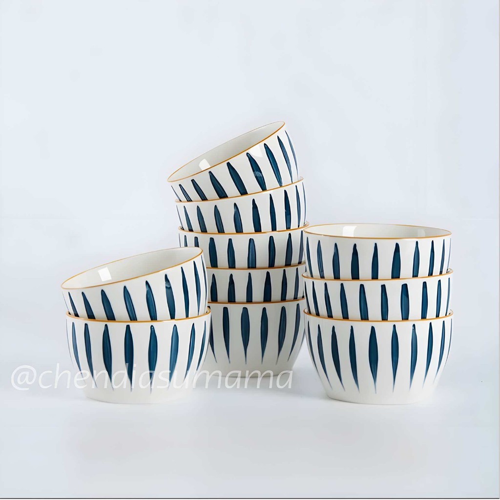 Bộ 10 chén ăn cơm bằng gốm sứ hoạ tiết phong cách Nhật. Chén ăn cơm đế vuông bằng sứ loại 1.