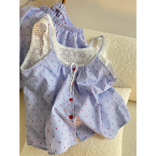 Bộ đồ ngủ hai dây chấm bi Ngọt Ngào Phong Cách Hàn Quốc FDS nữ mùa hè quần short áo ba lỗ ren