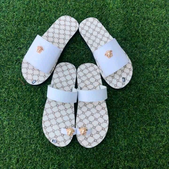 dép đôi nam nữ gg trắng   Su Jean Đế Bằng Đồng Sandaly DéP