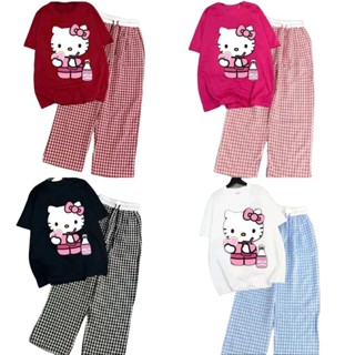  SET BỘ ÁO PHÔNG SU IN MÈO SỮA+ QUẦN KẺ Ô CHẤT ĐŨI CẠP CHUN CÓ TÚI MẶC NHÀ ĐI CHƠI TOP WOMEN TREND 