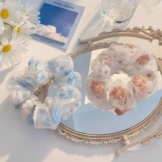 Dây buộc tóc hoa thêu màu xanh và hồng lãng mạn, Nhẫn ruột lớn Organza ngọt ngào