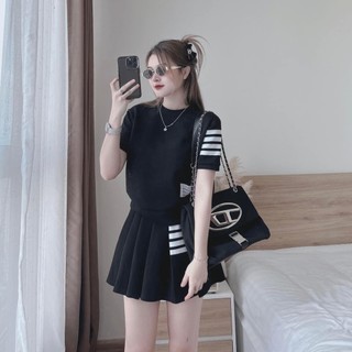 Set Váy Áo Thun Tay Ngắn Bo Lai Phối Sọc Mix Chân Váy Xếp Ly Xinh Xẻo