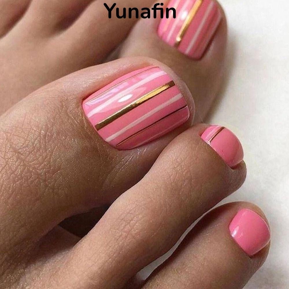 Móng chân giả YUNAFIN, Móng tay mũi che toàn bộ màu xanh đậm kiểu Pháp, Móng chân vuông màu trắng ngắn thời trang dành cho nữ Cô gái
