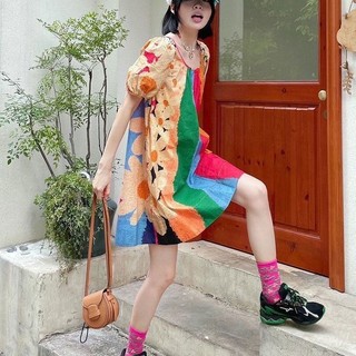 Váy ngắn cao cấp độc đáo vin Fairy Stripes Mặc cầu vồng Váy phồng tay nhỏ 4LVY
