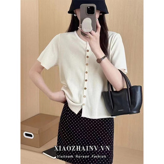 Xiaozhainv Quần Áo Nữ Hàn Quốc Thời Trang aura Màu Trơn Nút Kim Loại Ngắn Tay cardigan