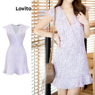 Đầm Lovito lai bèo xếp nếp kẻ sọc vuông thường ngày cho nữ L76AD217