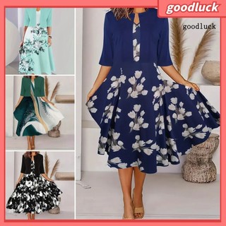 [Goluk] 2 Cái / bộ Bộ Váy Áo Khoác Nữ Nửa Tay Áo Cardigan Màu Trơn In Hoa Cổ Chữ V Không Tay Váy Chữ A Trang Trọng Phong Cách Giao Tiếp Nữ Midi Bộ Váy