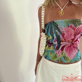Topone-áo ống nữ Slim in hoa lệch vai Áo Crop top mùa hè không tay