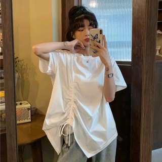 Áo thun ngắn tay cỡ lớn nữ phiên bản Hàn Quốc thời trang phong cách đại học mùa hè dáng rộng dây rút không đều hàng đầu nữ NZ-TX-660
