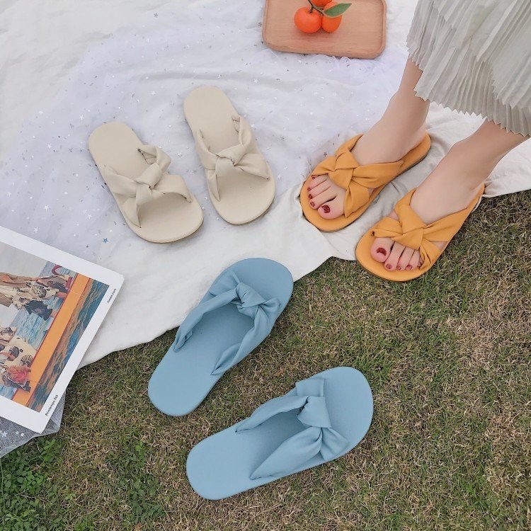 Mùa Hè Mở Ngón Chân Màu Trơn Thấp Gót Dép Đế Bằng PU Nhẹ Bướm Dây Đeo Thanh Lịch Nữ Kỳ Nghỉ Đi Biển Nhà Giải Trí Dép