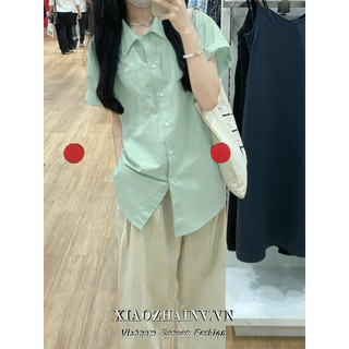 Xiaozhainv Hàn Quốc Mambo Phong Cách Bạc Hà Áo Sơ Mi Xanh Nữ Mùa Hè Mới Rời Slim Top Chống Nắng Áo Sơ Mi