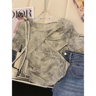 Mực Smudge Áo Thun Nữ Mùa Hè Phong Cách Mới Thắt Nút Không Đều Slim-Fit