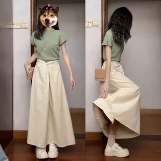 Bộ đồ Daxingzhe Áo thun ngắn tay mỏng vừa vặn dành cho nữ Váy rộng cao hai @ -