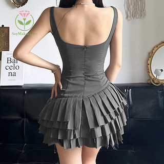 [Saymakerlace] Váy treo xếp li dành cho nữ Váy hở lưng cổ vuông Mini không đều nhiều lớp Bánh treo Váy ngắn gợi cảm