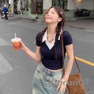 Áo Crop top nữ mùa hè mỏng màu tương phản Áo thun cổ chữ V cổ chữ V dạo phố