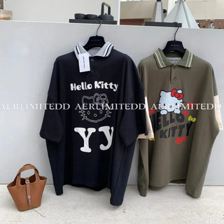 Áo thun ngắn tay họa tiết mèo Niche Open Katie KT dành cho nữ có ve áo tương phản dáng rộng thường ngày