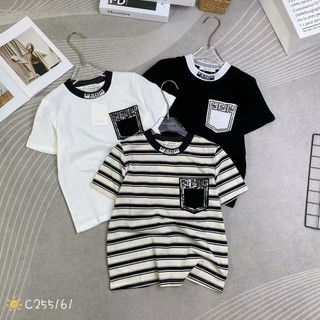 Áo thun nữ tay ngắn cổ tròn chữ FEN kẻ sọc túi ngực hàng Quảng Châu chất cotton, áo phông mùa hè 255161 2