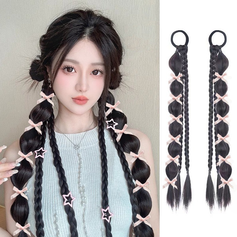  Tóc Giả Xoắn Bím Dây Buộc Tóc Nơ Bong Bóng Bím Tóc Co Giãn Dây Tóc Giả Nối Dài Người Phụ Nữ Phụ Kiện Tóc 