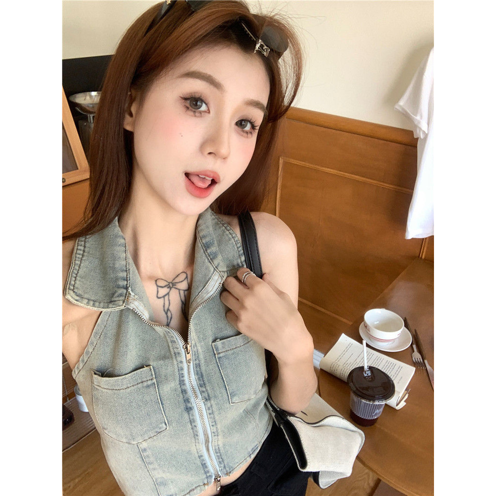 Hot Girl Design Sense polo Cổ Dây Denim Áo Vest Mùa Hè Phong Cách Hàn Quốc Slim-fit Dây Ngắn Camisole Top Nữ Hợp Thời Trang | BigBuy360 - bigbuy360.vn