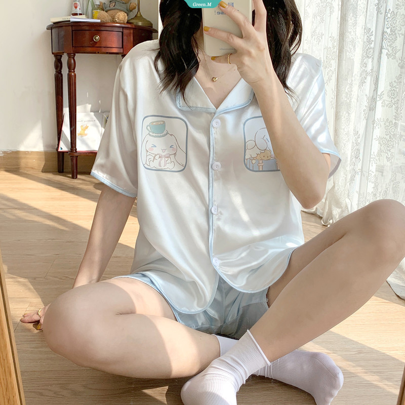 Sanrio Cinnamoroll Màu xanh và trắng Mẫu quần Short ngắn tay bằng lụa băng hai mảnh mỏng Bộ đồ chống muỗi Ký túc xá sinh viên Bộ đồ ngủ gió giải trí [GM]
