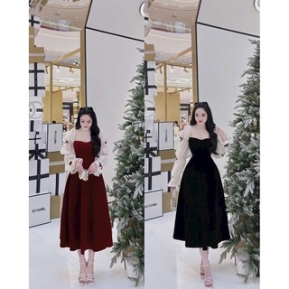 Đầm nhung chữ A thiết kế tay tơ bồng dài đính nớ dáng dài xếp ly xòe, Vay nhung dáng dài phối tay tơ đính nơ
