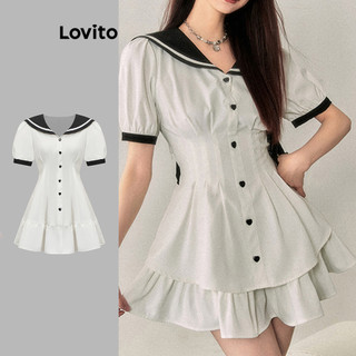 Lovito Đầm Preppy Plain Colorblock Nút Ruffle Hem cho Nữ L82AD152