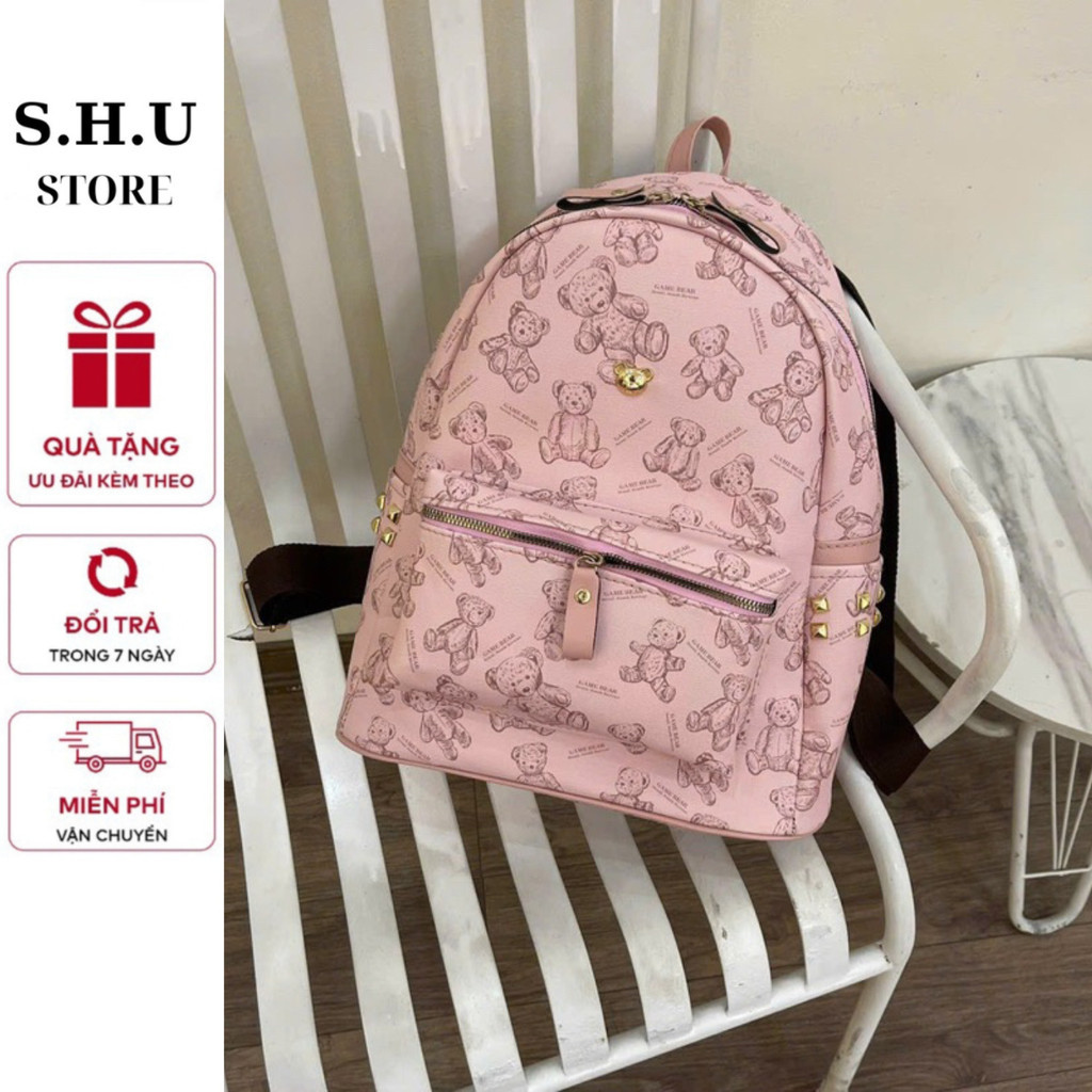 Balo đi học, balo đi chơi in hoạ tiết gấu size 40 da cao cấp nhiều ngăn đi du lịch cực đẹp N394