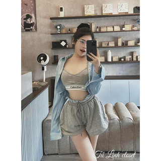 Bộ sơ mi nữ mix sooc ck năng động, 3 món kèm áo ba lỗ caboxin
