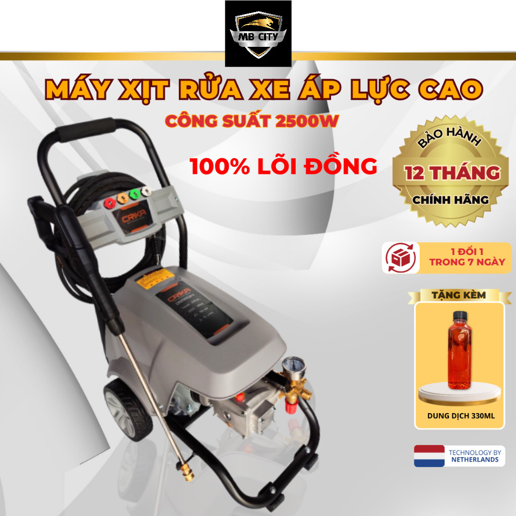 Máy rửa xe công nghiệp CRIKA2500PRO áp lực cao chuyên dùng tiệm rửa xe, lõi đồng, động cơ quay chậm - Có chỉnh áp