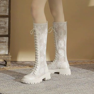 Giày Bốt Martin Nữ Mùa Hè 2024 Phong Cách Mới Giày Bốt Trắng Lưới Thoáng Khí Dép Đế Dày Tất Cả Trận Đấu Phối Ren Giày Cao Cấp